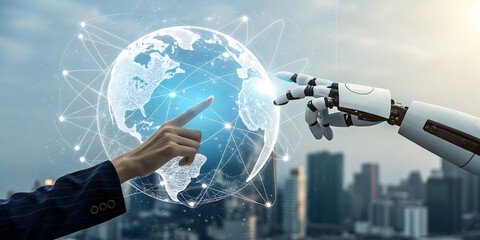 Human and robot interact with a holographic globe representing global technology and innovation