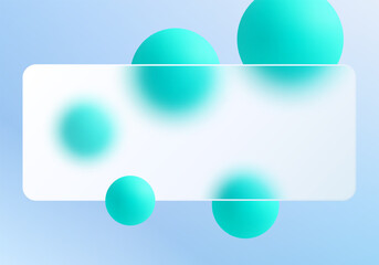 A soft light blue glassmorphic background with a matte rectangular panel and floating turquoise spheres in a minimalist 3D style.