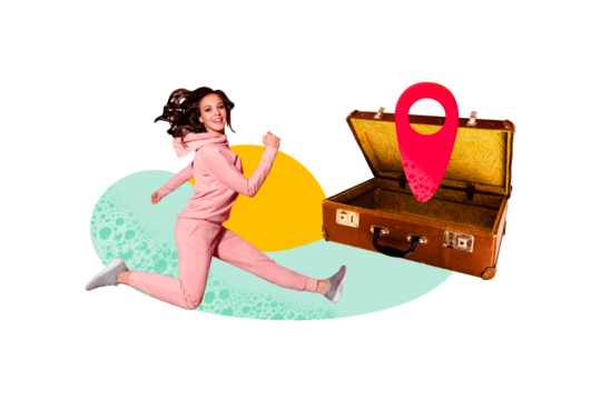 Composite photo collage of happy girl run suitcase vacation preparations summertime travel gps icon geo isolated on painted background