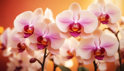 Naklejka na ściany i meble Close up of delicate pink and white orchids with a soft orange background