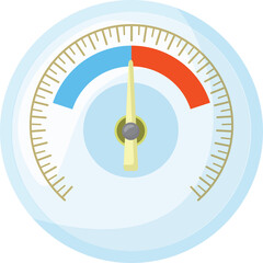 Round Blue Gauge With Yellow Needle Pointing Towards Red Zone Against White Background With Subtle Scale Markings