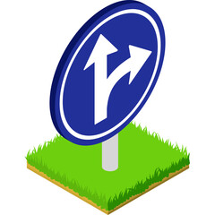 Round blue traffic sign indicating a split path with arrows pointing left and right mounted on a pole on a patch of green grass in a three dimensional isometric view with a white background
