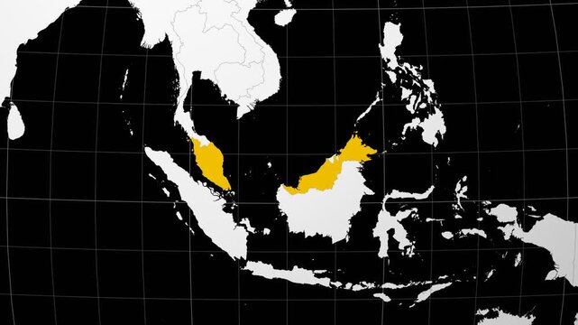 Malaysia map. Animated zoom into the country on the Globe in Black White color palette. Country logo animation. Map with meridians, parallels. Alive video.
