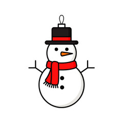 A cheerful cartoon snowman wearing a black top hat and red scarf against a clean white background with a playful mood.