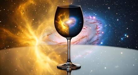 Wine glass filled with a galaxy and nebula, representing the universe in a glass