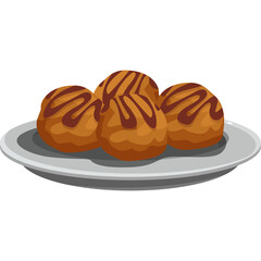 Round brown baked goods with chocolate drizzle on a white plate isolated on transparent background warm lighting detailed illustration