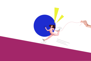 Composite photo collage of happy girl run hand hold string marionette trap problem manipulation control isolated on painted background