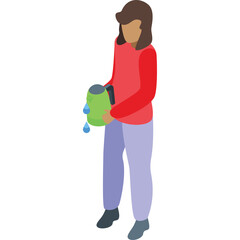 Person Holding Green Watering Can with Water Droplets Falling Down Wearing Red Top and Light Purple Pants Isolated on White Background