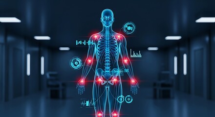 Holographic human body with joint pain and inflammation highlighted in red color