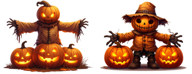 Halloween Field Scarecrow with Glowing Pumpkins PNG