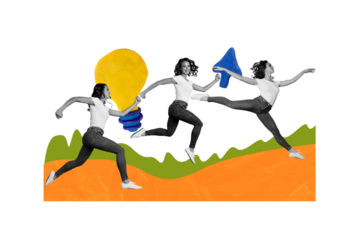 Creative image collage young cheerful running girl achieve goal target ambitious self improvement lightbulb idea smart invention