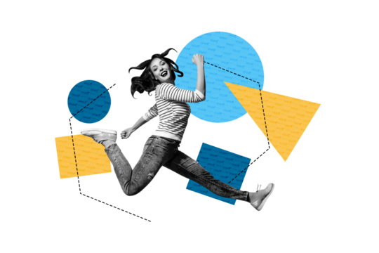 Composite sketch design trend artwork collage of manager hr occupation recruitment office young woman run way direction geometry figure