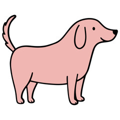 A charming cartoon illustration of a pink dog standing, with a curved tail and floppy ears.