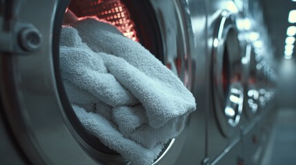 Closeup of detergent and washing machines in action at an express laundry emphasizing speedy drying and folding services for timesensitive clothing needs.