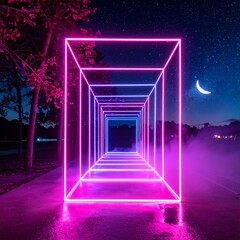 futuristic neon cube tunnel glowing with pink and purple light at night sci fi digital landscape surreal atmosphere