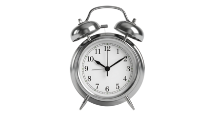 Classic Silver Alarm Clock Showing 10:05 on Isolated Black Background
