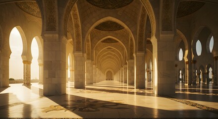 Fototapeta premium Majestic Arched Hallway with Golden Sunlight and Ornate Islamic Architecture