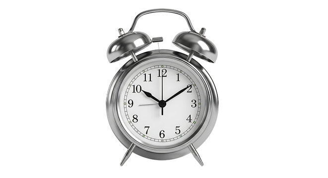 Classic Silver Alarm Clock Showing 10:05 on Isolated Black Background