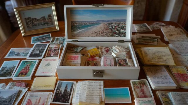 Open Memory Box Filled with Vintage Postcards and Letters on Wooden Table, Nostalgic Keepsakes, Travel Memories, Personal History, and Family Heritage