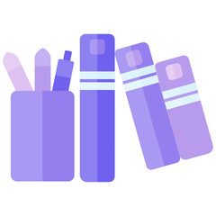 Modern flat vector icon displaying neatly arranged purple school books and stationery items, ideal for back-to-school themes, study aids, and educational resource designs