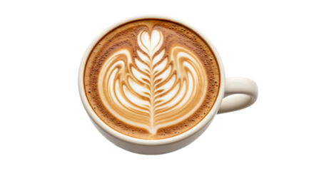 Hot latte coffee with rosetta and heart latte art in white ceramic cup, top view isolated on black.