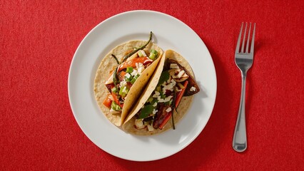 Vegetarian tacos with grilled vegetables, cheese, and fresh cilantro served on a white plate and red tablecloth