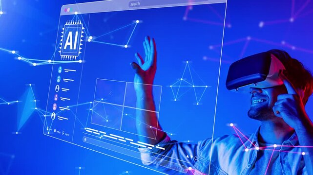 A man engages with a vibrant virtual reality interface showcasing AI concepts. The colorful digital backdrop highlights technology and innovation in a modern setting. Raster