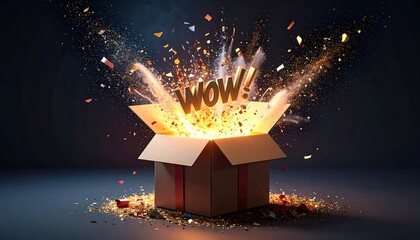 A box bursts with light, text "WOW!", and confetti against a dark gradient background creating a magical feeling