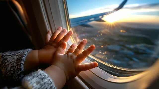 Faceless close-up of child’s hands on airplane window, golden light outlining fingers, outside blurred horizon, with copy space.