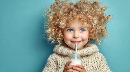 Fototapeta premium A portrait of a little child drinking milk