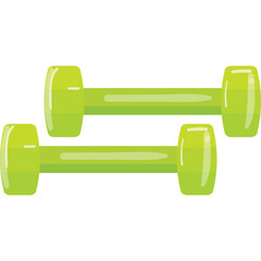 Pair of bright green dumbbells with clear highlights and shadows isolated on a transparent white background representing fitness and weightlifting equipment.
