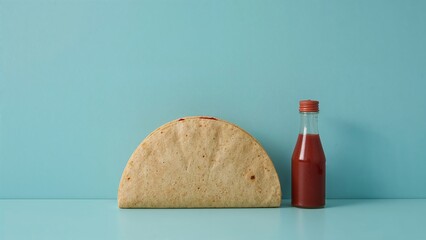 Minimalist taco and hot sauce bottle on blue background, modern mexican food concept, simple composition, urban lunch trends