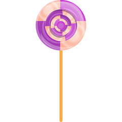 Round Swirl Lollipop Candy with Purple and Cream Colors on a Yellow Stick Isolated on White Background