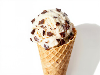 A scoop of stracciatella gelato with visible chocolate flakes Ice cream cone with chocolate chunks on white background  