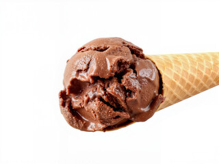 dark chocolate gelato Chocolate ice cream scoop on waffle cone against white background  