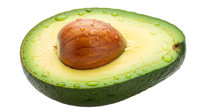 Fresh ripe avocado half with pit and vibrant green flesh, covered in glistening water droplets, isolated on a stark black background.