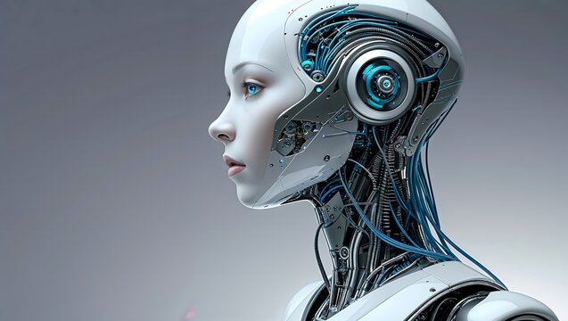 White Cyborg Sentinel Futuristic Humanoid Robot with Blue Eyes and Tech Wiring - Powered by Adobe