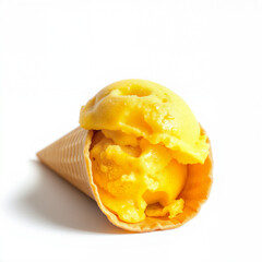 Mango ice cream scoop in waffle cone on plain white background  