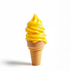 Bright yellow lemon sorbetto Yellow soft-serve ice cream in a waffle cone on white background  