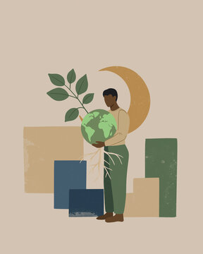 Abstract illustration of a person holding a globe with plant symbolizing sustainability