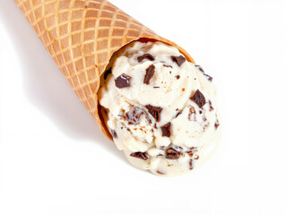 Ice cream cone with chocolate chips on white background  