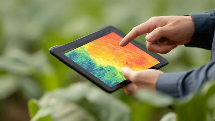 Precision agriculture tablet thermal crop map sensor field farming map tablet display showing colorful crop health and field heatmap with hands - Powered by Adobe