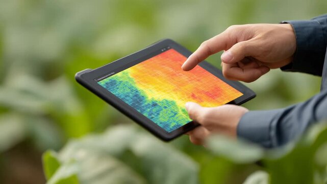 Precision agriculture tablet thermal crop map sensor field farming map tablet display showing colorful crop health and field heatmap with hands