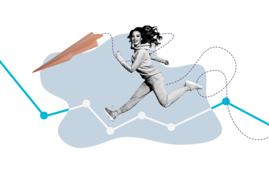 Creative abstract template collage of funny young female running graph career data unusual fantasy billboard comics - Powered by Adobe