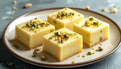 Four creamy white square pistachio desserts on a grey ceramic plate with scattered pistachios and sprinkles dusted on top creating a delightful sweet treat presentation