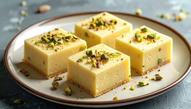 Four creamy white square pistachio desserts on a grey ceramic plate with scattered pistachios and sprinkles dusted on top creating a delightful sweet treat presentation