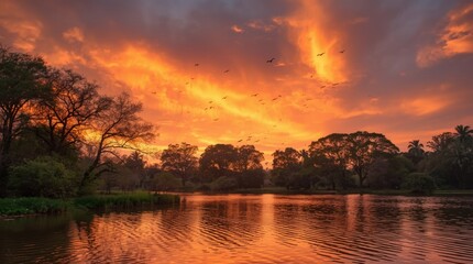 Naklejka premium Breathtaking vibrant orange sunset reflecting on a tranquil lake with trees and birds offering a peaceful escape to nature