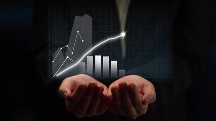 A pair of hands supports a digital graph displaying financial growth through bar charts and a trend line, symbolizing success and innovation in business. Copula - Powered by Adobe
