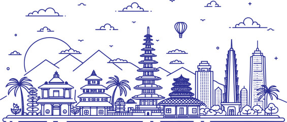 Bali Hand Drawn Skyline Art of Island Heritage, Beaches, and Mount Agung | Perfect for Travel Agencies, Tourism Marketing, and Wall Art Prints