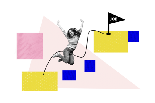 Sketch artwork of collage of job offer flag platform hr recruiter research candidate new work vacancy young woman jump move route